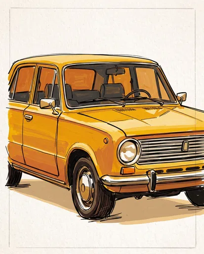 Vintage Yellow Sedan Gouache Illustration