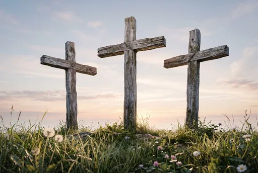 Three Weathered Wooden Crosses at Sunrise