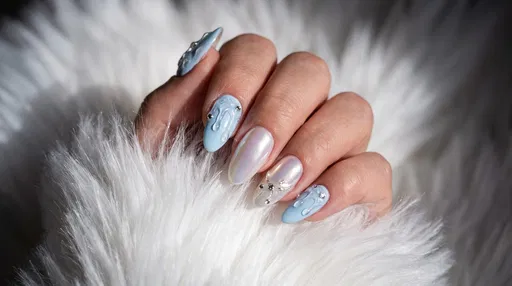 Pastel Blue and Pearl Winter Nail Art