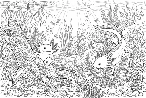 Two Axolotls Underwater Coloring Page
