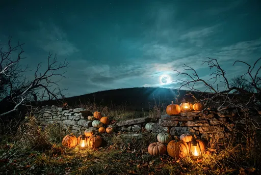 Pumpkins and Lanterns by Moonlight Wall