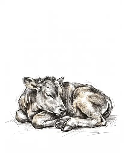 Charcoal Sketch of Sleeping Newborn Calf