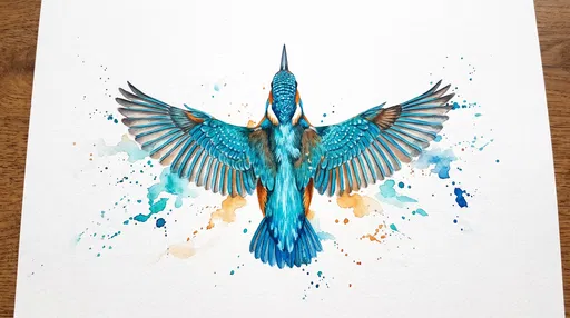 Watercolor Kingfisher Bird in Top-Down Flight