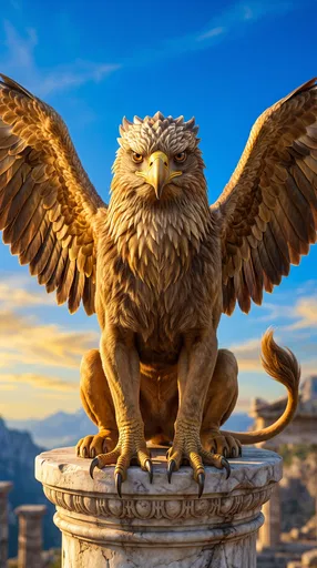 Majestic Golden Griffin on Marble Pedestal