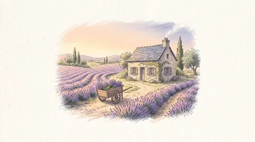 Hand-Drawn Lavender Farm Cottage Vignette
