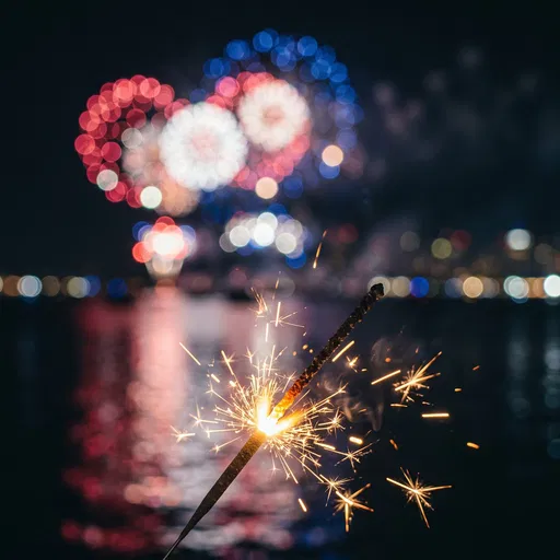 Burning Sparkler With Defocused Fireworks Background