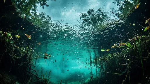 Underwater View of Rain on Pond