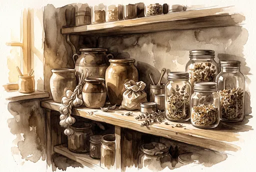 Sepia Watercolor Cottage Pantry Shelf