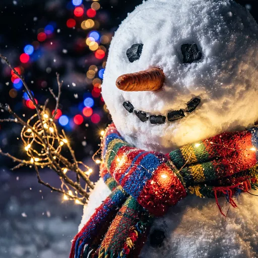 Close-Up of Cheerful Snowman at Night