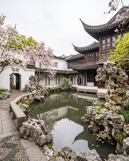 Traditional Chinese Courtyard Garden in Spring