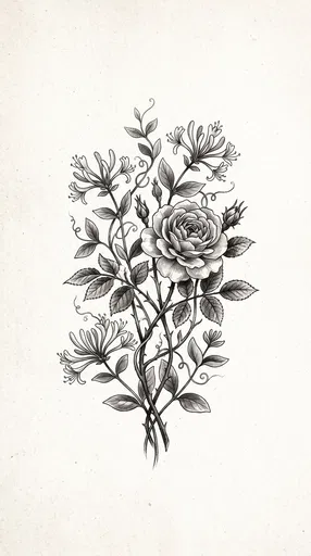Monochrome Rose and Honeysuckle Botanical Illustration