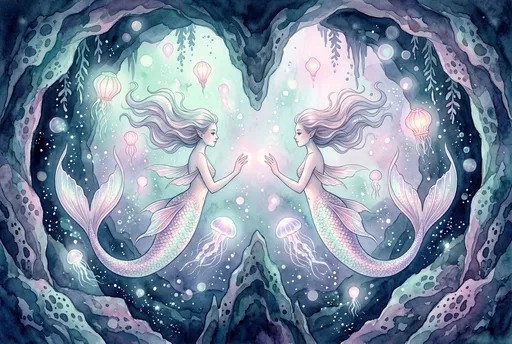 Symmetrical Watercolor Twin Mermaids in Cave