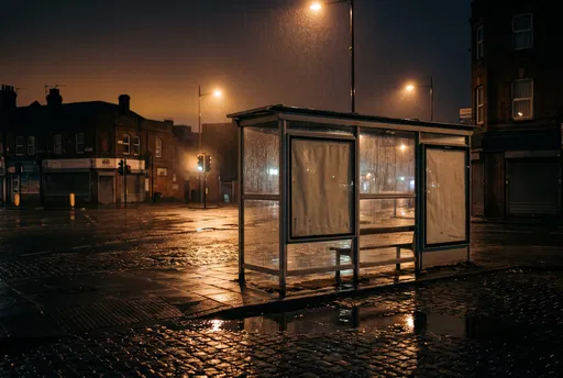 Rainy Night Bus Shelter With Blank Ad Frames
