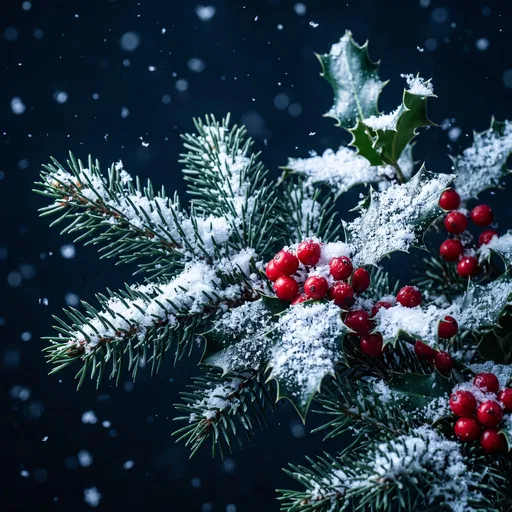 Snowy Spruce and Holly Branch Close-Up