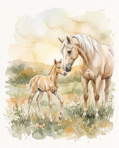 Watercolor Palomino Mare and Foal Illustration
