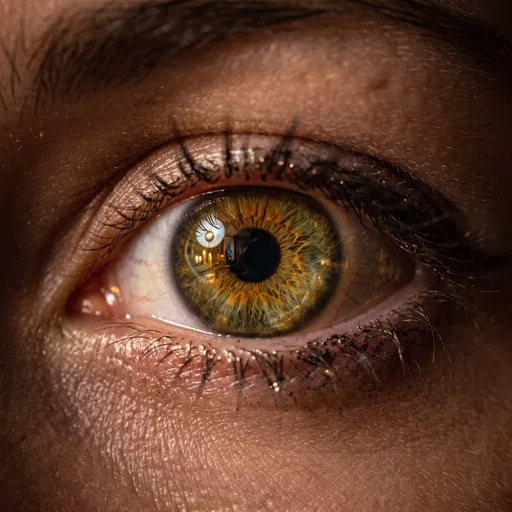 Macro Close-Up of Hazel Eye Reflecting Candlelight
