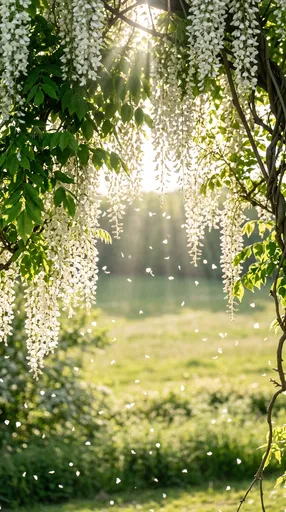 Sunlit White Wisteria Vines Framing Meadow
