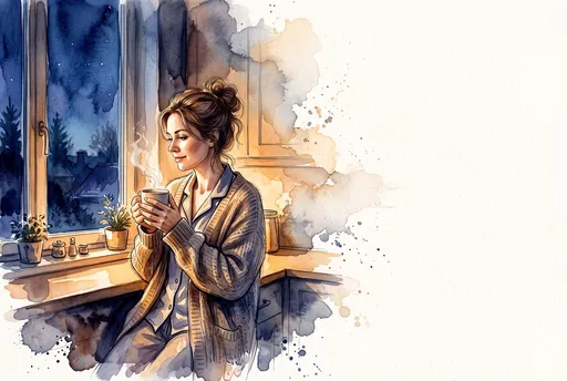 Watercolor Woman Drinking Coffee by Window