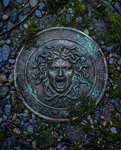 Ancient Bronze Medusa Shield on Mossy Stones