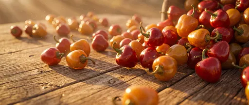Cherry Peppers Spilling on Wooden Table
