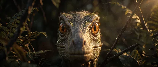 Close-Up of Dinosaur Peering Through Jungle Foliage
