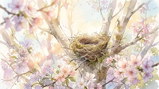 Watercolor Bird Nest in Spring Blossom Tree