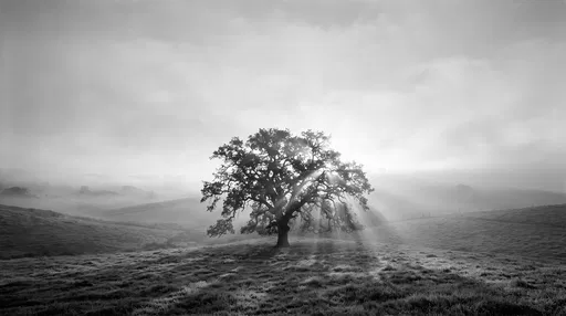 Lone Oak Tree in Misty Monochrome Meadow