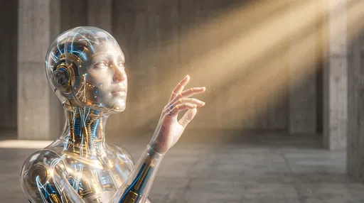 Translucent Android Reaching Toward Golden Light