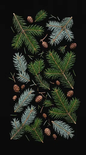 Evergreen Sprigs and Pinecones on Black