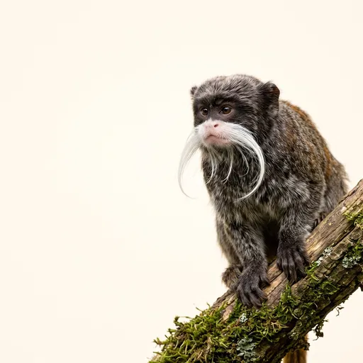 Emperor Tamarin Perched on Mossy Branch