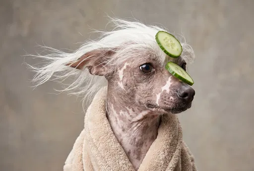 Chinese Crested Dog in Spa Bathrobe