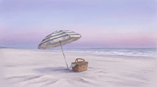 Pastel Beach Umbrella and Picnic Basket