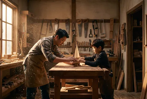 Father and Son Crafting Wooden Sailboat