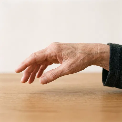 Older Hand Poised Above Wooden Table