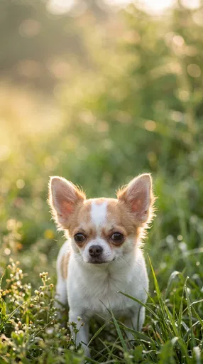 Chihuahua Portrait in Sunlit Morning Meadow