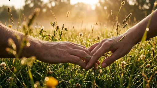 Couple Touching Hands in Sunlit Meadow