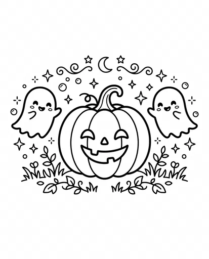Cute Halloween Pumpkin and Ghosts Coloring Page