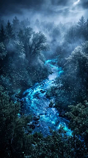 Glowing Bioluminescent River in Misty Night Forest