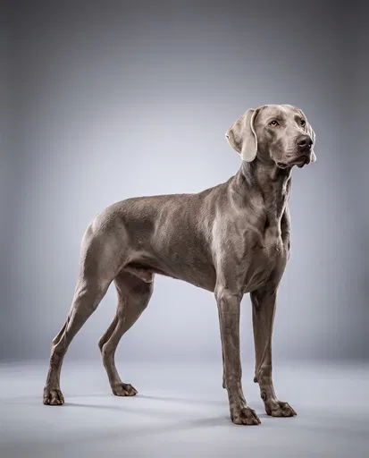 Athletic Weimaraner Standing in Studio Profile