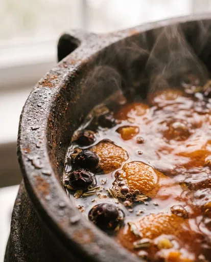 Simmering Herbal Infusion in Iron Cauldron