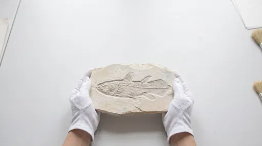 Gloved Hands Holding Coelacanth Fossil