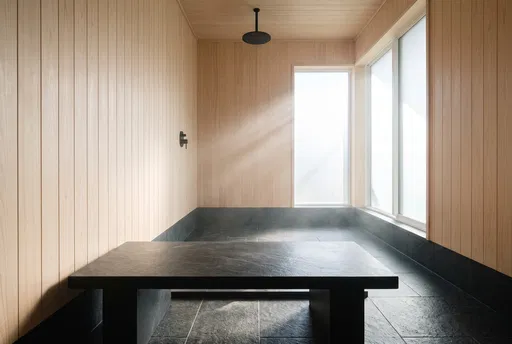 Minimalist Japanese Wooden Bathroom With Stone Bench