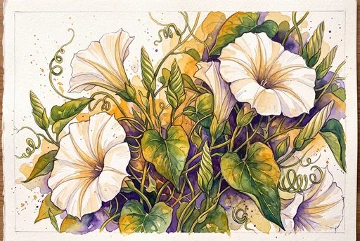 Botanical Watercolor Illustration of White Moonflowers