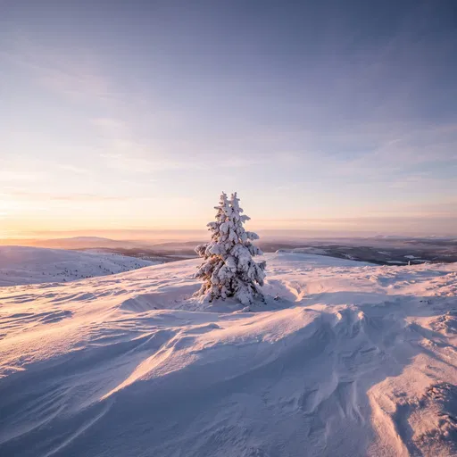 Snow-Covered Pine Tree at Sunset