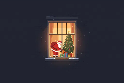 Santa Claus Placing Gifts Inside Lit Window