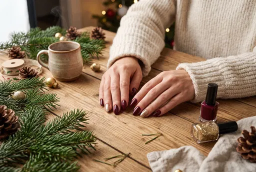 Cozy Holiday Burgundy and Gold Manicure