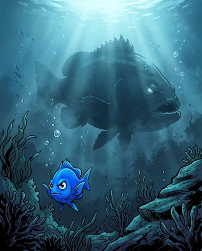 Small Blue Fish and Giant Grouper