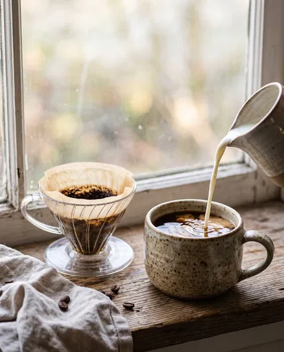 Pouring Cream Into Morning Coffee by Window