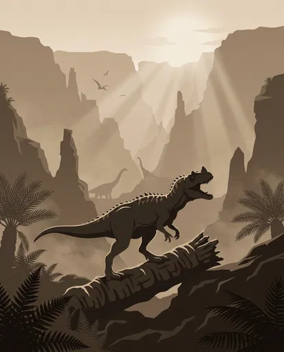 Sepia Illustration of Ceratosaurus in Canyon
