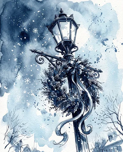Blue Watercolor Winter Streetlamp With Christmas Wreath